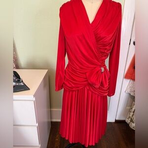 Vintage Red Draped Cocktail Dress Ruched Bodice Large